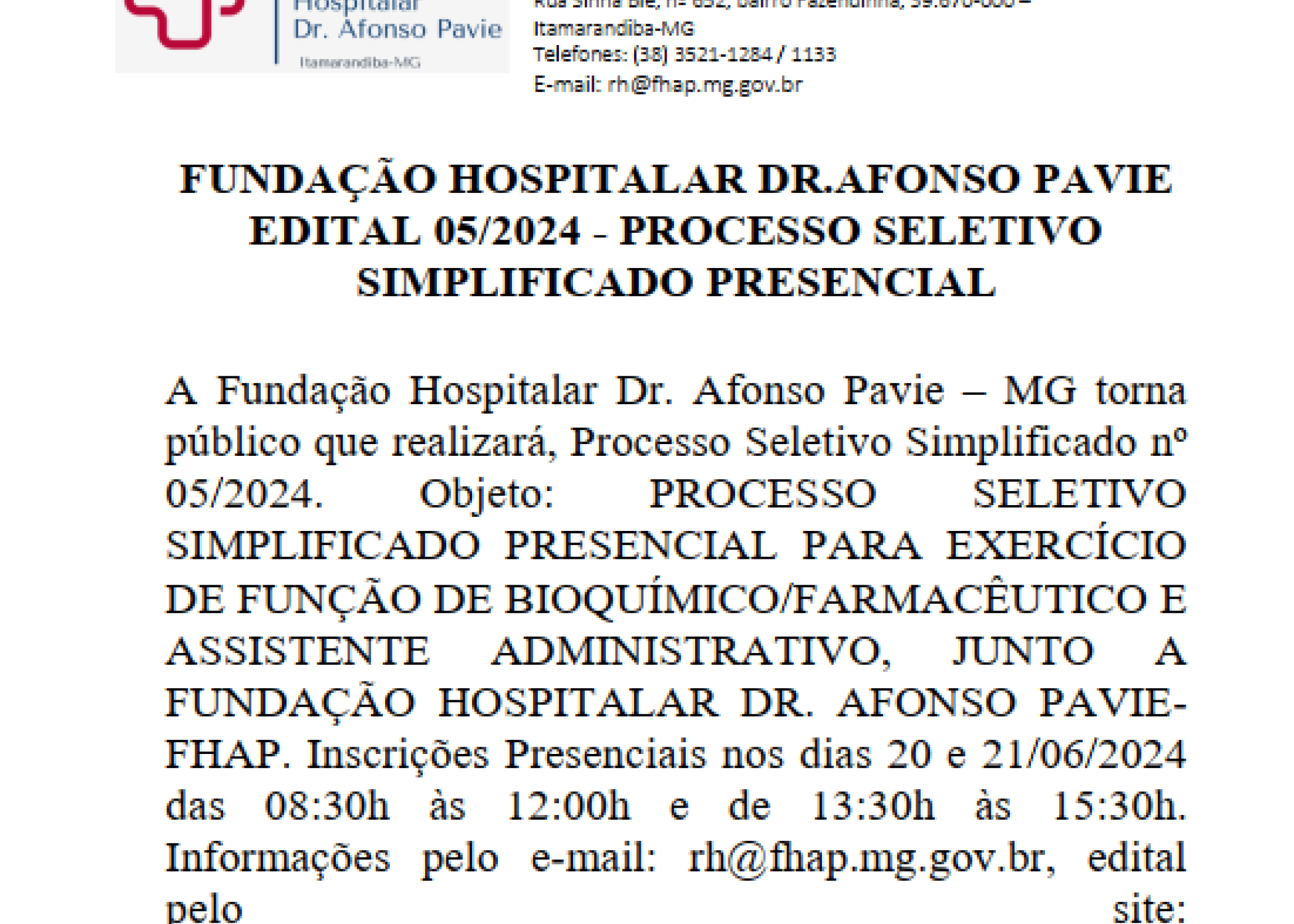 Processo Seletivo Simplificado 005/2024 - FHAP